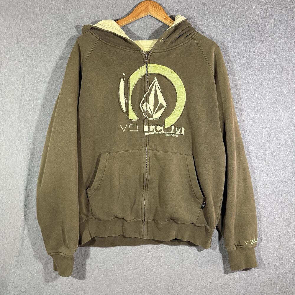 Vintage Y2K Volcom Slightly Removed Reversible Zip Hoodie Brown Green Mens M